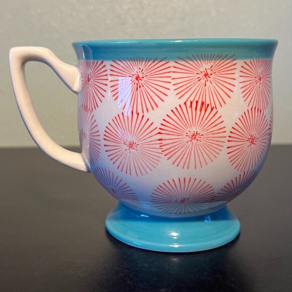 THE PIONEER WOMAN Turquoise Pedestal & Red Starburst Off-White Ceramic Cup Mug - Picture 1 of 11